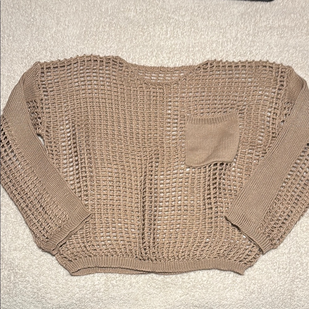 Tan Chunky Knit Crew Neck Sweater with Boat Neck and Full Length Sleeves